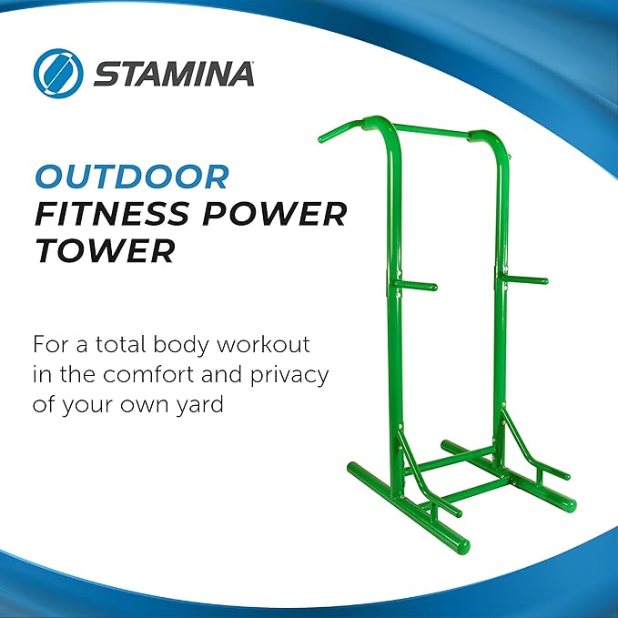 Stamina Pull Up Bar Tower & Dip Station, Free Standing Outdoor Home Gym Equipment, Green - Adjustable and Portable Workout Stand for Calisthenics Body Weight Training