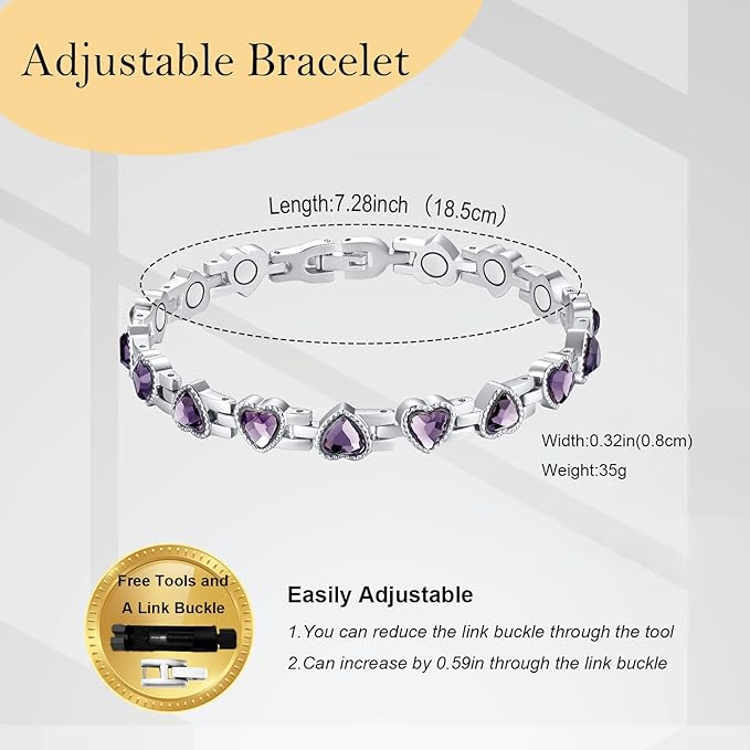 Magnetic Bracelets for Women, Stainless Steel Bracelet with Heart-Shaped Zircon, Magnetic Jewelry Present (Purple)