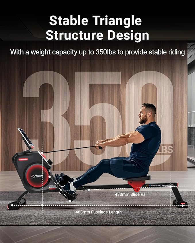 HARISON Rowing Machines for Home, Magnetic Rower Machine with US Mute System, Bluetooth, App Supported, Smooth & Quiet Slide Rail,350 LB Weight Capacity and Free Courses