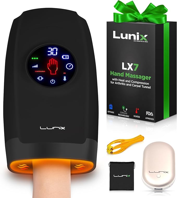 Lunix LX7 FSA LCD Touchscreen Hand Massager, Heated Air Compression, for Arthritis & Carpal Tunnel Relief, Finger Numbness & Wrist Pain Relief, Cordless Rechargeable, Charcoal Black