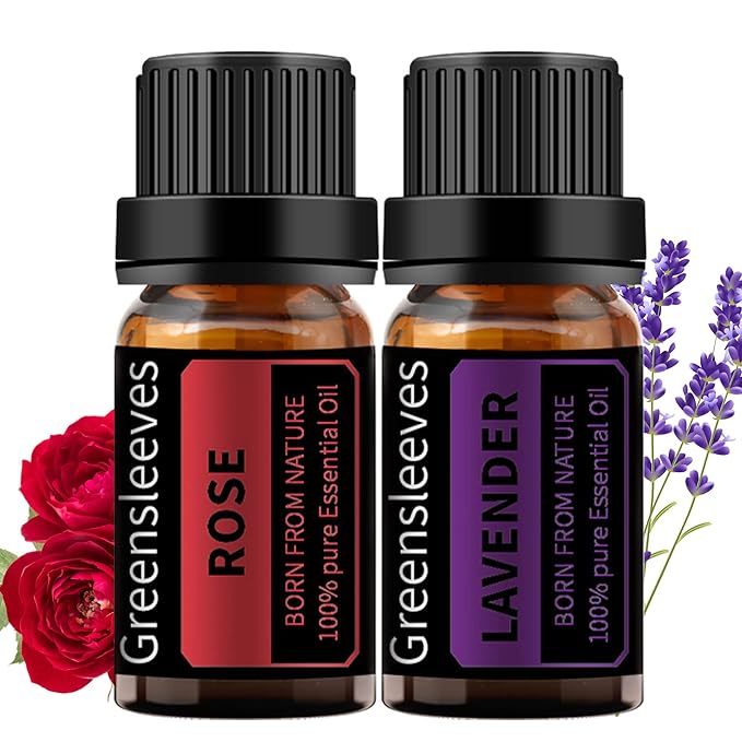GREENSLEEVES Rose Lavender Essential Oil Set, 2 x 10ml Pure Plant-Based Fragrance Oil for Aromatherapy, Essential Oils for Diffuser, Massage, Bath Bomb, Scented Candle Soap Making