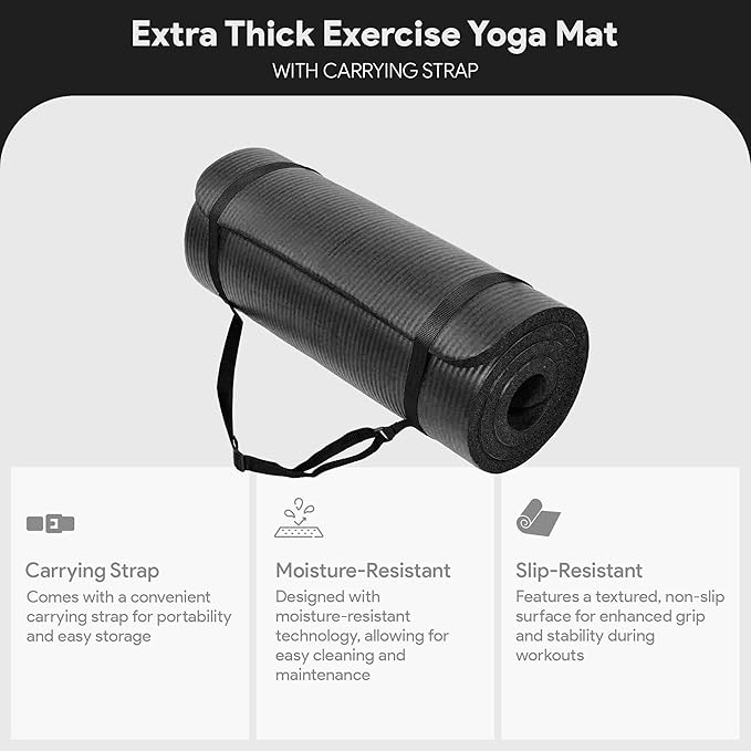 BalanceFrom 71x24 Inches Extra Thick Yoga Mat 1-Inch High-Density Foam – Roll-Up Exercise Pad with Double-Sided Non-Slip Surface and Carrying Strap for Pilates and Home Workouts, Multiple Colors