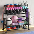Dual-Sided Dumbbell Rack with Hooks & Wheels, Adjustable Home Gym Storage Rack for Dumbbells, Kettlebells, Balls, Yoga Mats, Ab Roller, Weight Rack Organizer for Workout Equipment