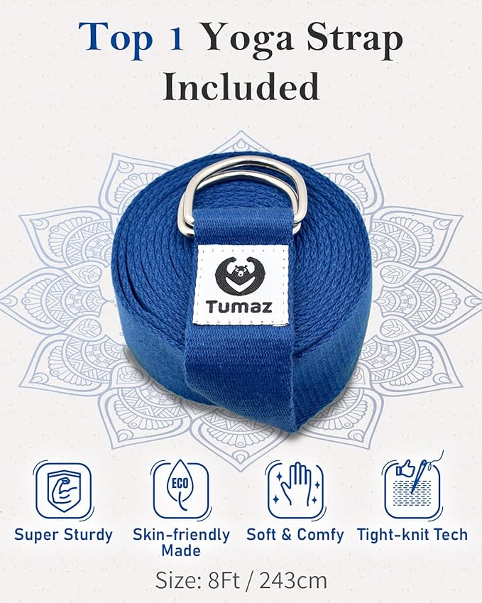 Tumaz Yoga Bolster Set - Rectangular Bolster Pillow for Restorative Yoga, Soft Meditation Pillow with Carry Handle and 8-Feet Strap, Machine Washable Cover