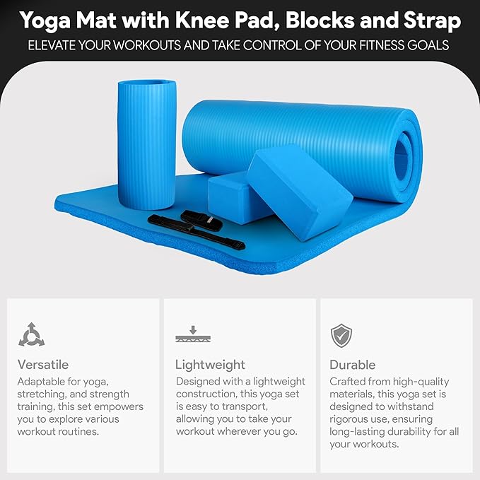 BalanceFrom 71x24 Inches Yoga Mat with Knee Pad and Optional Blocks – Extra 1-Inch Thick Non-Slip Foam with Anti-Tear Surface and Carrying Strap for Home, Studio, or Gym Workouts
