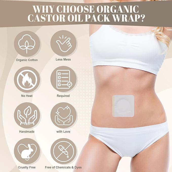 Organic Castor Oil Pack Wrap for Stomach & Liver – Reusable Castor Oil Wrap with Adjustable Straps and 5 Belly Button Patch, Less-Mess Leak-Proof Design, Soft Cotton Flannel Compress