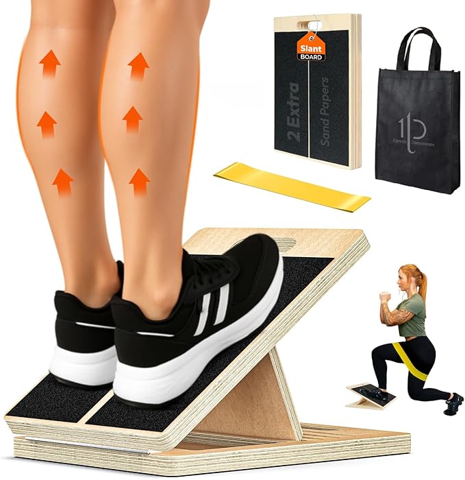 Adjustable Wooden Slant Board for Calf Stretching – Incline Wedge for Ankle,Heel,Knee & Leg Pain Relief – Squat Equipment for Physical Therapy & Home Gym-2 Extra Sand Papers,Carry Bag & Mini Loop Band