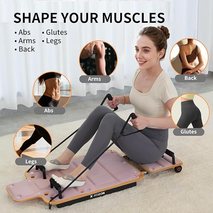 Pilates Board Reformer for Home Workout, Reformer Board, Glide Board, Sliding Rails, Maple Wood Deck & High-Strength Steel Rails, Adjustable Resistance Bands, PU Wheels, Quick Assembly