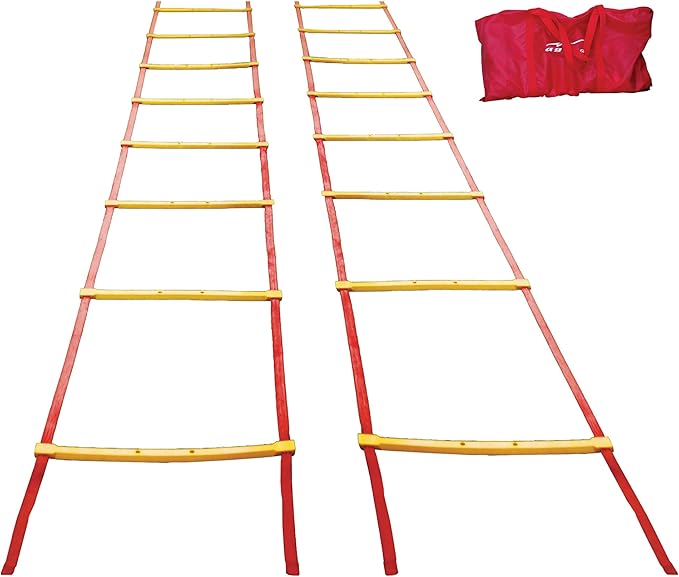 AGORA Pro Agility Training Ladder with Carry Bag - 32 ft Ladder Splits Into Two 16 ft Sections - 24 Adjustable Rungs - Red/Yellow