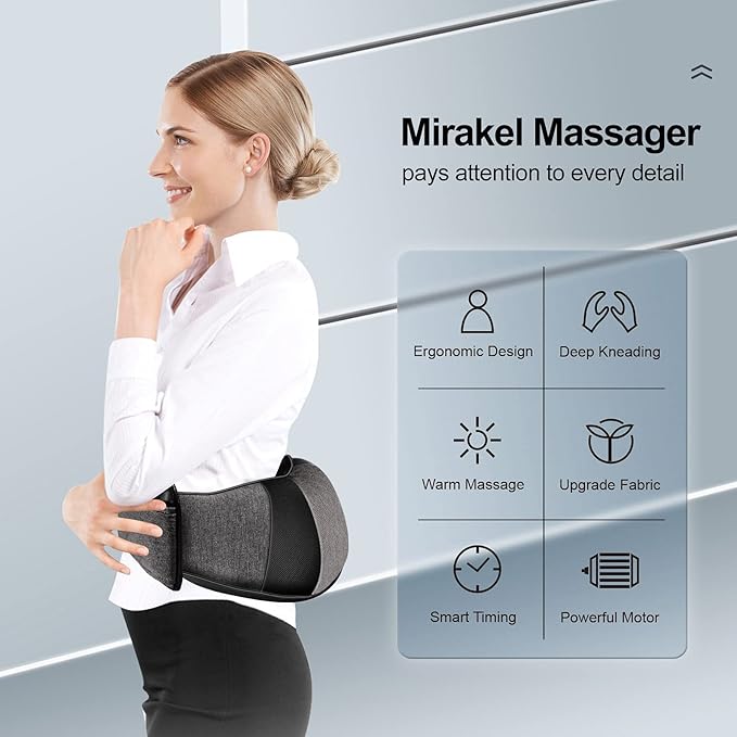 Mirakel Shiatsu Neck & Back Massager with Heat - Deep Tissue Neck, Back & Shoulder Pain Relief - Ergonomic Design Shoulder Massager, Idea Presents for Christmas, Fathers Day, Mothers Day, Women, Men