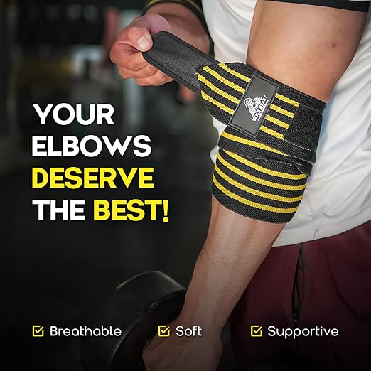 Elbow Wraps for Weightlifting (Pair), Stretchable & Breathable 41" Elbow Compression Strap, Weightlifting Straps for Bench Press, Supports Powerlifting, Pressing, Elbow Straps for Gym Accessories for Men (Yellow)