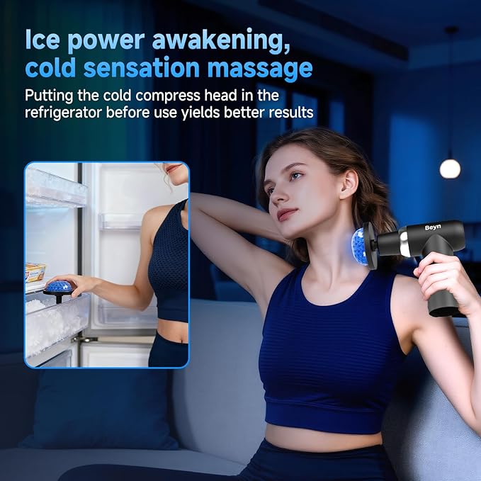 Beyn Hot and Cold Fascia Gun - Detachable Extended Handle Massage Gun,Deep Tissue Massage Gun, Used for Relieving Pain in The Back/Muscles of The Neck/Body, with 6 Massage Heads, LCD Display.