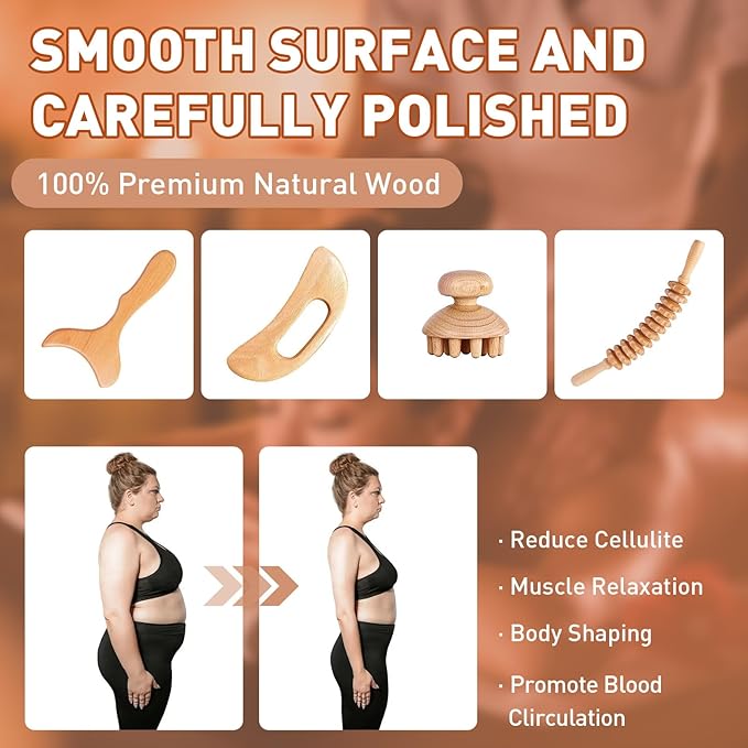 Wood Therapy Massage Tools 4-in-1 Lymphatic Drainage Massage Maderoterapia Kit Wooden Massager Body Sculpting Tools for Muscle Pain Relief, Anti-Cellulite Body Shaping
