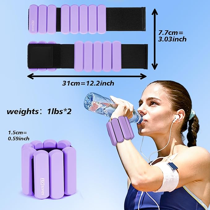 Wrist and Ankle Weights for Women & Men 2 Pack (1lb Each), Adjustable Silicone Wearable Arm & Leg Weights for Pilates, Gym, Yoga, Cardio, Strength Training