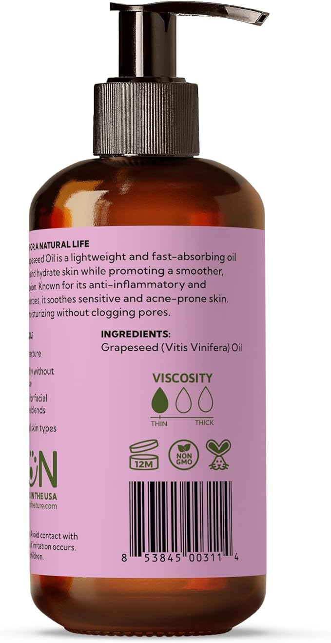 Best of Nature 100% Pure Grapeseed Massage & Body Oil, Unscented Lightweight Non-Greasy Moisturizer for Hair, Skin, Face, & Aromatherapy Carrier Oil for Essential Oils, 8 oz.