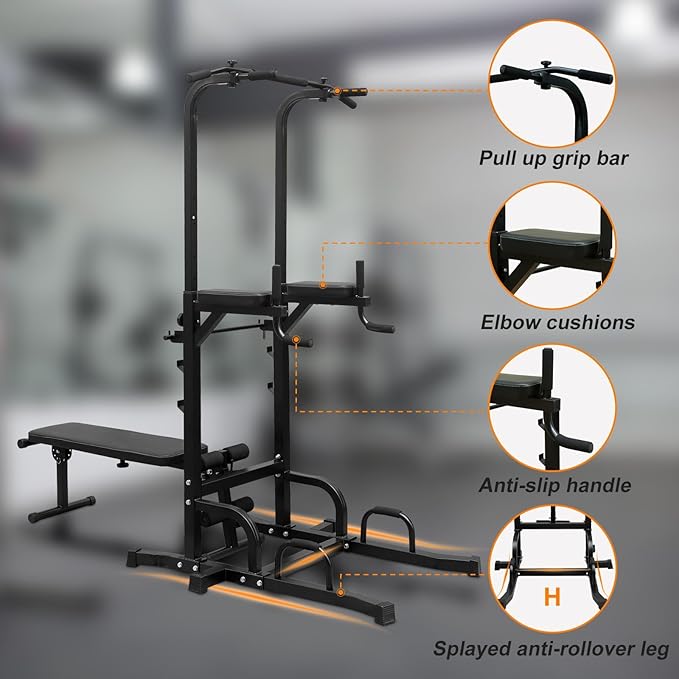 Adjustable Power Tower Dip Station with Bench, Multi-Function Heavy Duty Pull Up Bar Stand, Home Gym Fitness Training Equipment for Strength Workouts