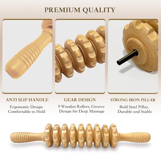 Wood Therapy Massage Roller Stick with Release Myofascial Trigger Points, Massager Tool for Cellulite Reduction, Muscle Tension and Lymphatic Drainage Physical Therapy Recover (Wood)