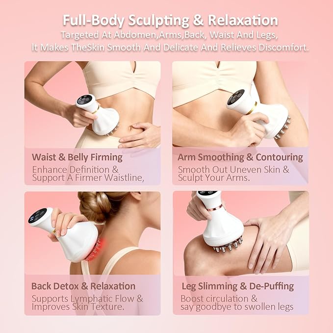 Lymphatic Drainage Massager & Anti Cellulite Massage Tool Helps Reduce Stretch Marks & Cellulite, Body Sculpting Machine For Legs, Arms & Belly with Microcurrent, Light, Heat & Vibration，With Body Oil