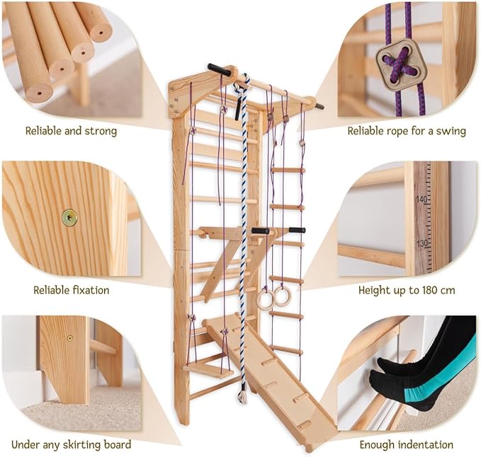 Swedish Ladder Wall Bars with Pull-Up Bar & Dip Station – Wooden Stall Bars, Multifunctional Home Gym Wall Ladder for Strength Training & Stretching