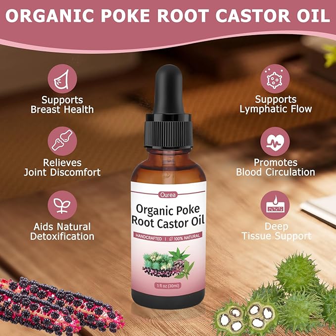 Poke Root Castor Oil Organic – 1 fl oz (30ml) Natural Lymphatic Support Massage Oil, Soothing Relief for Cysts, Boils, Breast, Fibroids, Swollen Lymph Nodes & Joint – Deep Tissue Drops