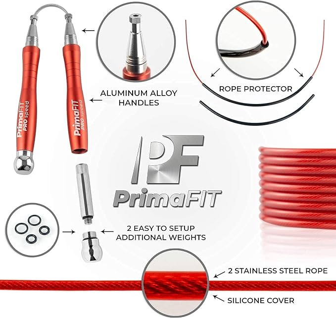 PrimaFIT Jump Rope Pro Speed Skipping Rope Adjustable Adult Jumping Rope Weighted Aluminium Handles for Double Dutch Boxing Workout Crossfit Exercise Fitness Spare Cable Weights Protectors Carry Bag