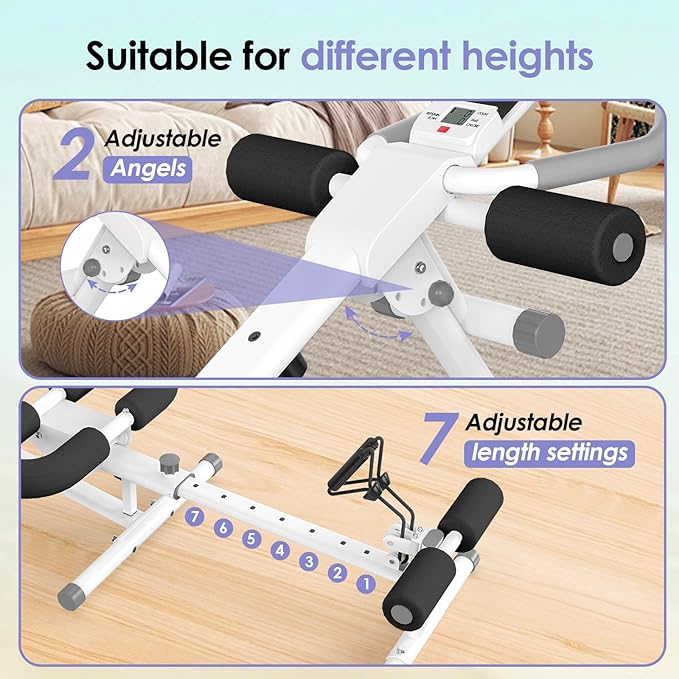 Foldable Ab Machine, 5-in-1 Adjustable Ab Trainer for Home Gym, Full-Body Core Workout Equipment with 10 Length Levels, LED Display & Silent Rollers | Sit-Up & Rowing Machine for Abs Sculpting