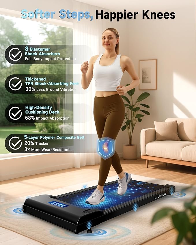 Lichico NeoSilent Walking Pad Treadmill Under Desk for Home with BLDC Core and Extra-Large Belt, App and Remote Control, Portable and Compact for Small Space
