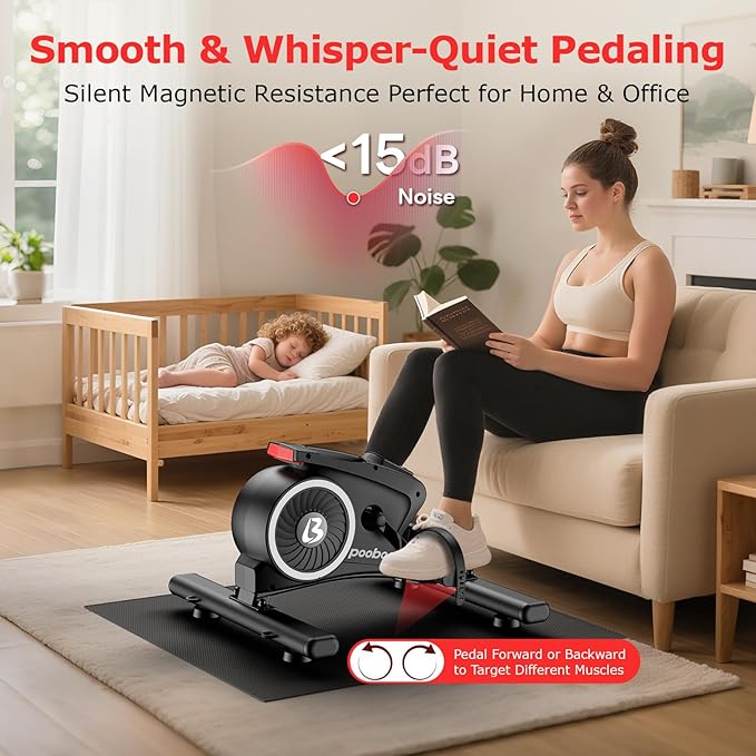 pooboo Under Desk Bike Pedal Exerciser, Quiet Magnetic Mini Exercise Bike with 16 Resistance Levels, Arm & Leg Workout, Resistance Bands & Non-Slip Mat for Home Office Therapy