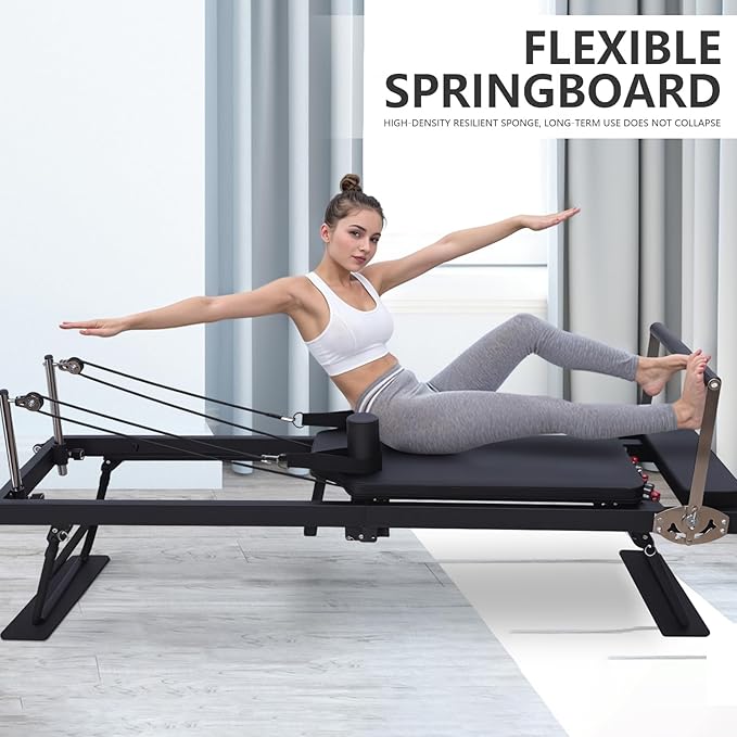 Foldable Pilates Reformer, Home Fitness Pilates Machine, Aluminum Sliding High Platform Design, 120kg Load Capacity Portable Roller, 197cm Multifunctional Yoga Studio Exercise Equipment