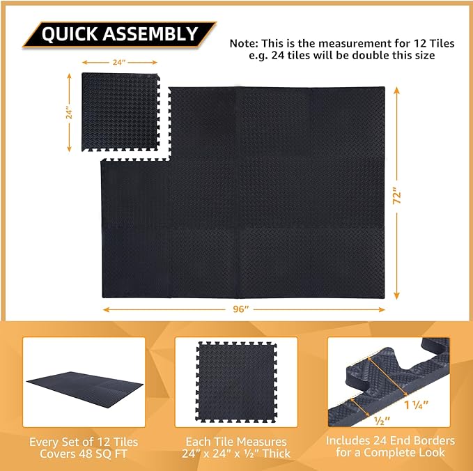 24 Pack, 96 SQFT - 24" x 24" - 1/2" Extra Thick Floor Exercise Mat for Home Gym or Floor Padding - High-Density EVA Interlocking Foam Floor Tiles for Gym Equipment, Play Area | Yoga, Cardio, Weights