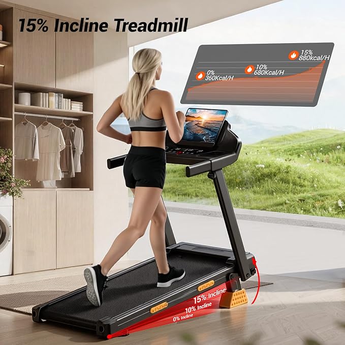 UMAY Treadmills for Home with Incline, 7-Layer Shock-Absorbing Foldable Treadmill with Led Screen & Handle Bar Up to Large Capacity, Powerful Walking Pad Treadmill Lower Noise