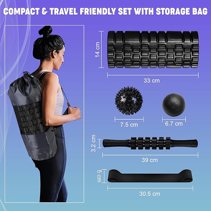 6 in 1 Foam Roller Set with High Density Massage Ball, Yoga Stick, Stretching Strap, Spiky Ball, Bag - Deep Tissue Trigger Point Massage Tool Workout Set - Back Stretcher Muscle Massager for Home
