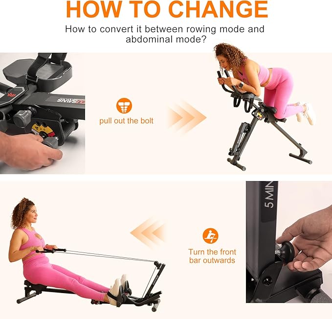 TOUSAINS 3 in 1 Adjustable AB Machine for Stomach Workout with 3 Heights, Foldable Rowing Machine for Home Gym with Comfortable seat & LCD Display Monitor, 265lbs Weight Capacity