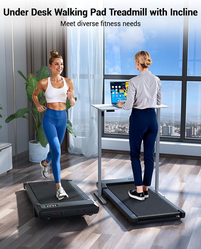 DeerRun Under Desk Walking Pad Treadmill for Home & Office, 6% Manual Incline, 2.5 HP, 0.6–3.8 MPH Walking Speed, 300 lb Capacity, App & Remote Control