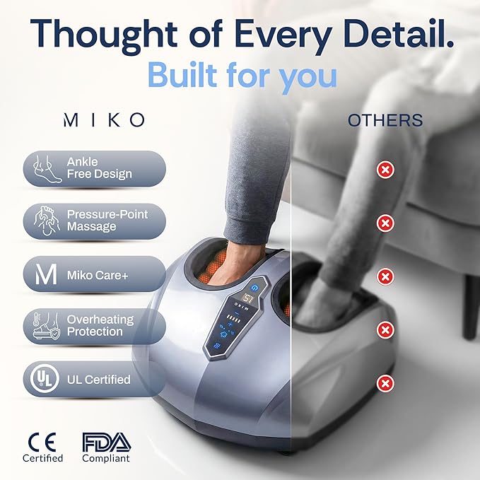 MIKO Foot Massager Machine with Deep-Kneading, Compression, Shiatsu, and Heat for Plantar Fasciitis, Neuropathy - Fits up to Men Size 12