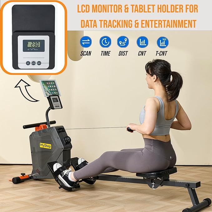 Magnetic Rowing Machine for Home, Quiet Foldable Rower with 8-Level Resistance, 2-in-1 Strength Training, LCD Monitor & Tablet Holder, Full-Body Low-Impact Cardio Workout Equipment (DR1000)