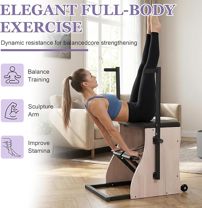 Oak Wood Pilates Chair Professional Yoga Chair Pilates Machine with Adjustable Resistance Handles and Split Pedals for Home and Studio Use