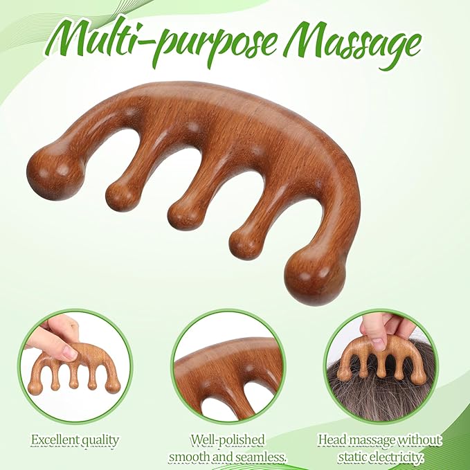 2 PCS Massager Comb, Sandalwood Wooden Scalp Comb Portable Gua Sha Combs Wide Tooth Scalps Massager Combs with 1 PCS Storage Bag for Men Women Head Neck Face Care Relaxation