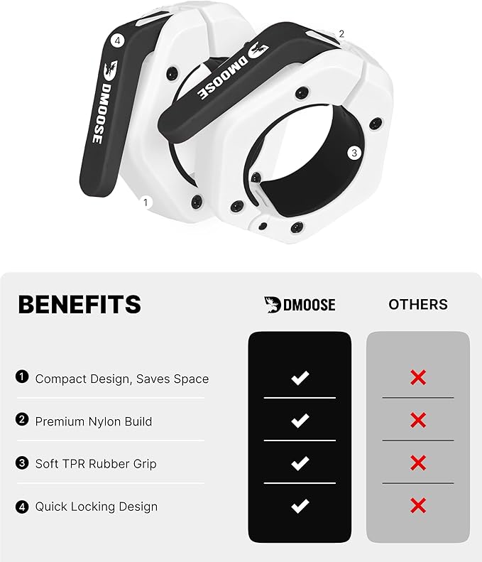 DMoose Fitness Barbell Clips 2 Inch (Pair) - Quick Release Olympic Barbell Clamps & Collars with Anti Slip TPR Grip for Secure Weightlifting and Powerlifting - Weight Clips for Bars at Home or Gym