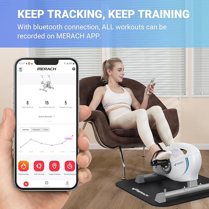 Under Desk Bike Pedal Exerciser, Quiet Magnetic Mini Exercise Bike with MERACH App for Arm, Leg Recovery, Physical Therapy, Smooth Foot Desk Cycle