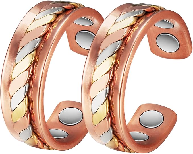 Copper Rings for Women, Pure Copper Set Three -Color Gold Woven Magnetic Ring, Copper Jewelry Present (0208 2Pcs)