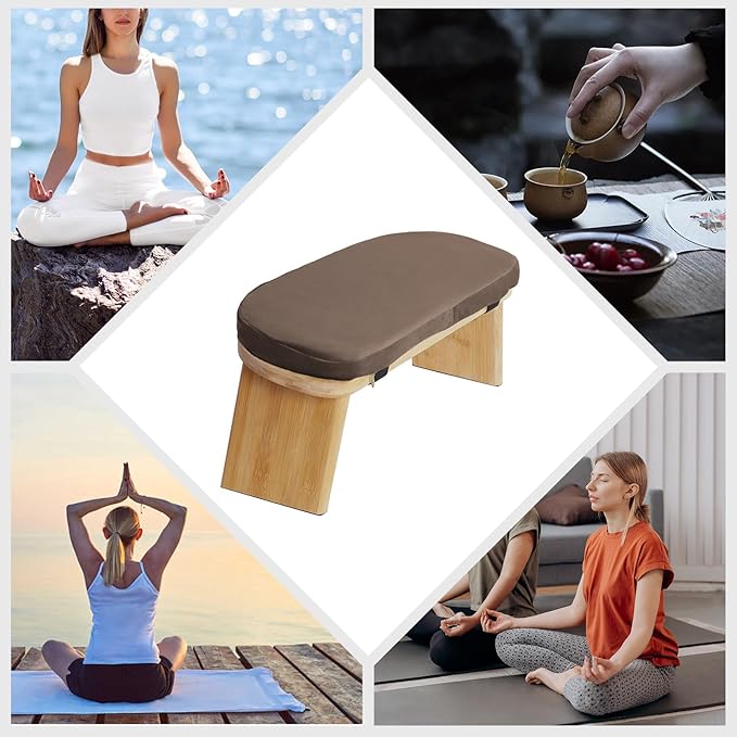 Meditation Bench, Portable Bamboo Meditation Bench Ergonomic Meditation Stool Comfortable Folding Kneeling Meditation Bench with Meditation Cushion for Longer Meditation (Coffee)