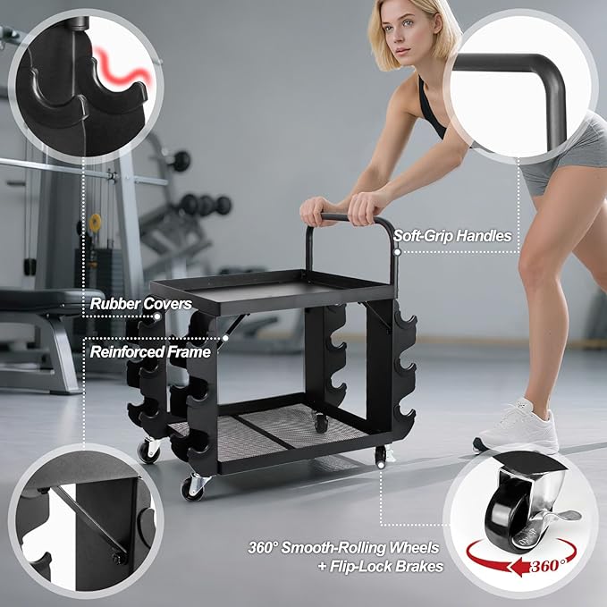 All-in-One Home Gym Storage Cart with Wheels and Handle, 2-Tier Heavy Duty Adjustable Weight Rack for Small Dumbbells, Kettlebells,Yoga Mats, Fitness Gear