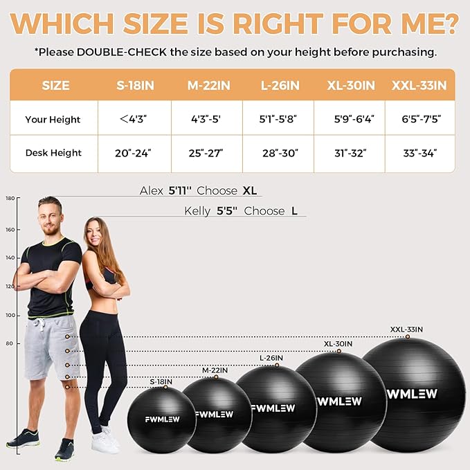 Extra Thick Exercise Yoga Ball, 5-Size Anti-Burst Heavy Duty Stability Gym Ball for Fitness, Core Workout, Pregnancy & Office Chair, Includes Quick Pump