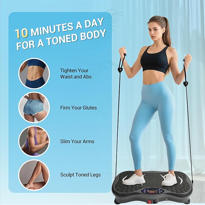 Mibest Vibration Plate Exercise Machine for Lymphatic Drainage & Weight Loss – Vibration Platform with Remote Control & Resistance Bands for Full Body Workout Fat Burn for Women & Men