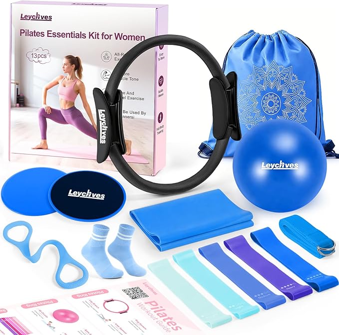 Home Pilates Essentials Kit for Women, Magic Circle Pilates Equipment Ring and Ball Set, 6 Resistance Bands Workout Guide Video for 28 Day Pilates Essential Challenge Starter Kit for Beginners
