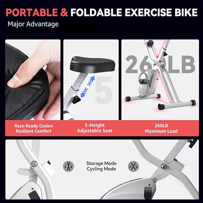 Indoor Exercise Bike Stationary Bikes for Home with 16-Level Magnetic Resistance, Lightweight Foldable Cycling Bike with 70% Pre-Assembled, 260 LBS Capacity, Flywheel of 5.5 LBS for Quiet Home Workout