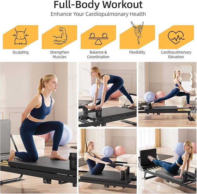 Pilates Reformer Machine, 91" Foldable Reformer Pilates Machine with Jumpboard and Wire Spings, Reformer Pilates Machine for Home Gym, Black