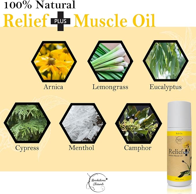 Relief Plus Arnica Muscle Oil – All Natural Highly Concentrated Roll On - Cypress, Eucalyptus & Helichrysum Essential Oils & Menthol for Sore Muscles, Aching Joints by Brookethorne Naturals
