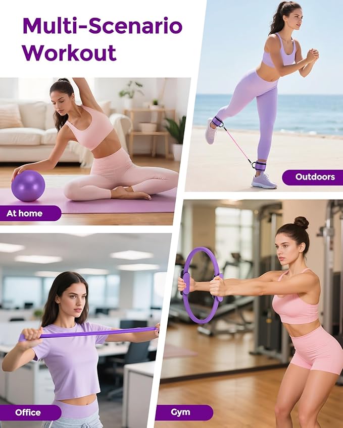 Home Pilates Essentials Kit for Women, Magic Circle Pilates Equipment Ring and Ball Set, 6 Resistance Bands Workout Guide Video for 28 Day Pilates Essential Challenge Starter Kit for Beginners